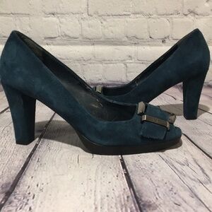 FRANCO SARTO - Sz 6 Blue Suede peep toe Heels with silver buckle